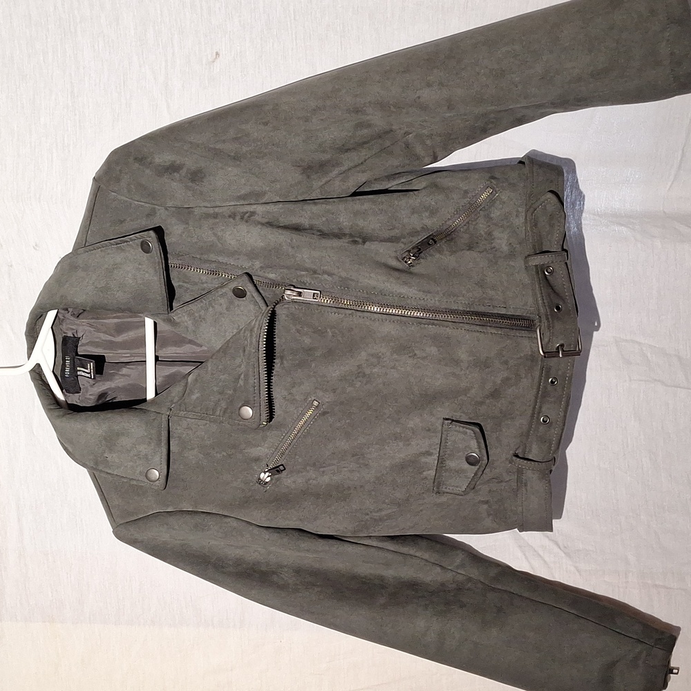 Vintage Bomber Jacket, Faux Suede, Khaki Cropped, Forever 21, Sz 6, NWOT - Picture 6 of 12